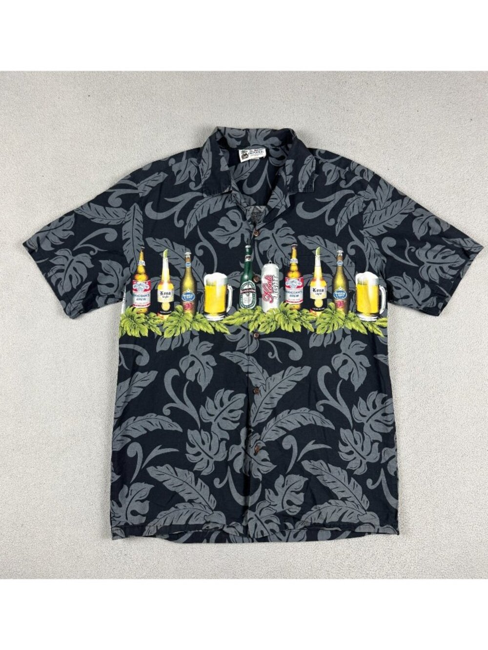 Beer Print Hawaiian Shirt Mens M Black Made in Hawaii Aloha Republic VTG Camp